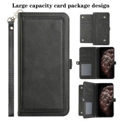 Premium PU Leather Folio Wallet Front Cover Case with Card Holder Slots and Wrist Strap for Apple iPhone 11 [6.1] (Black)